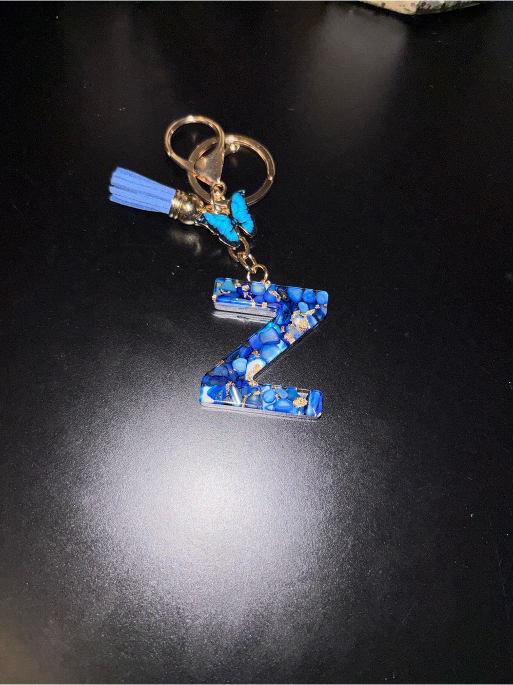 Handmade Blue & Gold Resin Initial "Z”Keychain with Tassel & Butterfly Charm🦋